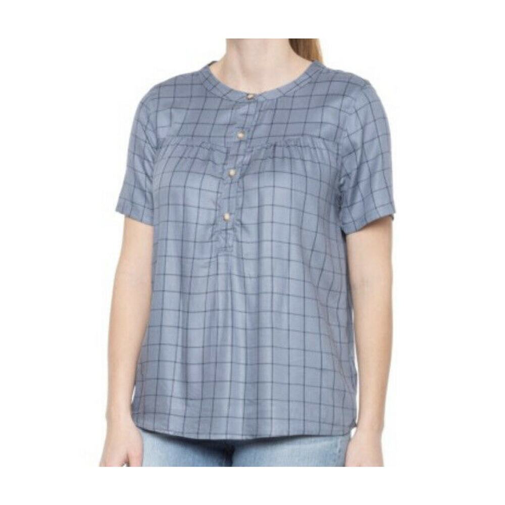 New C&C California Womans Small Blouse Top Plaid Short Sleeve Button Blue NWT
